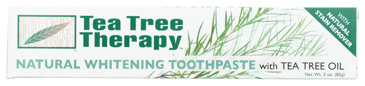 Pasta dental Tea Tree Therapy blanqueadora natural, frente: limpieza suave para uso diario.