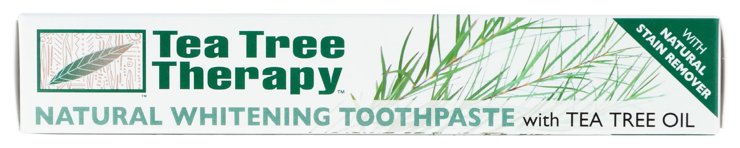 Pasta dental Tea Tree Therapy blanqueadora natural, etiqueta detalle: ingredientes clave para una limpieza suave.