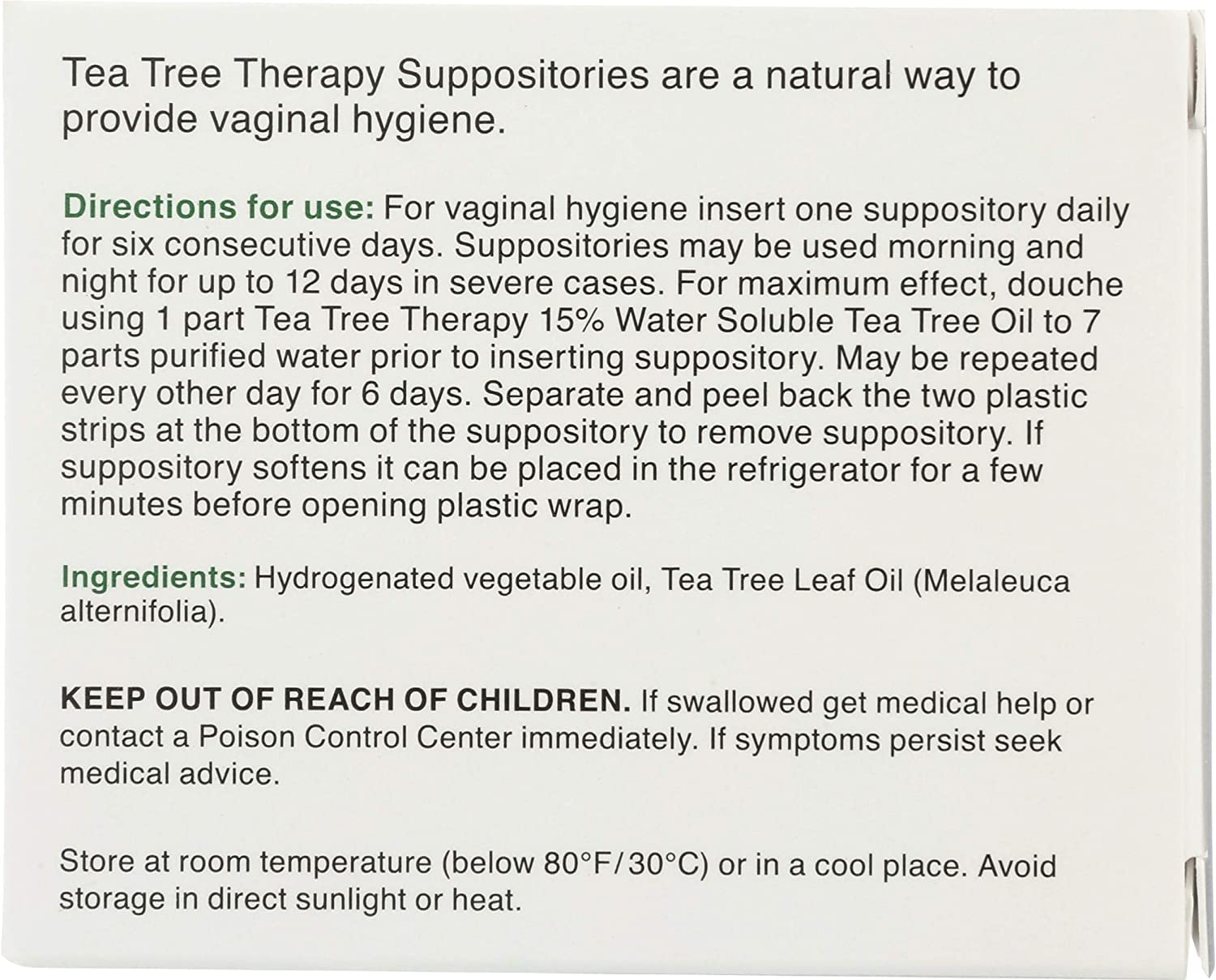 Tea Tree Therapy supositorios, paquete de 3, diseño práctico para almacenamiento seguro.