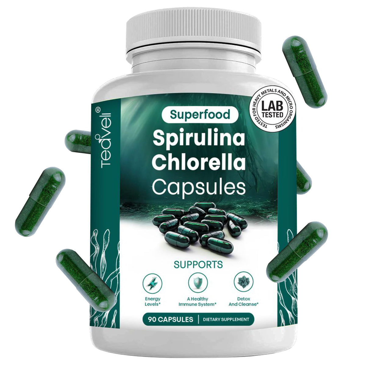 Botella Teaveli con cápsulas de spirulina y chlorella para detox suave