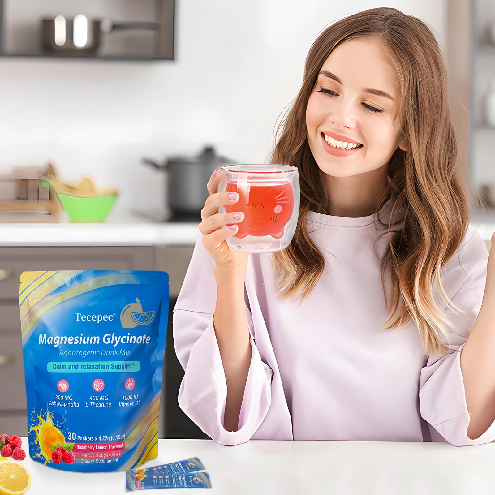 Tecepec Cortisol sabor frambuesa-limón, bebida refrescante para pausa rápida.