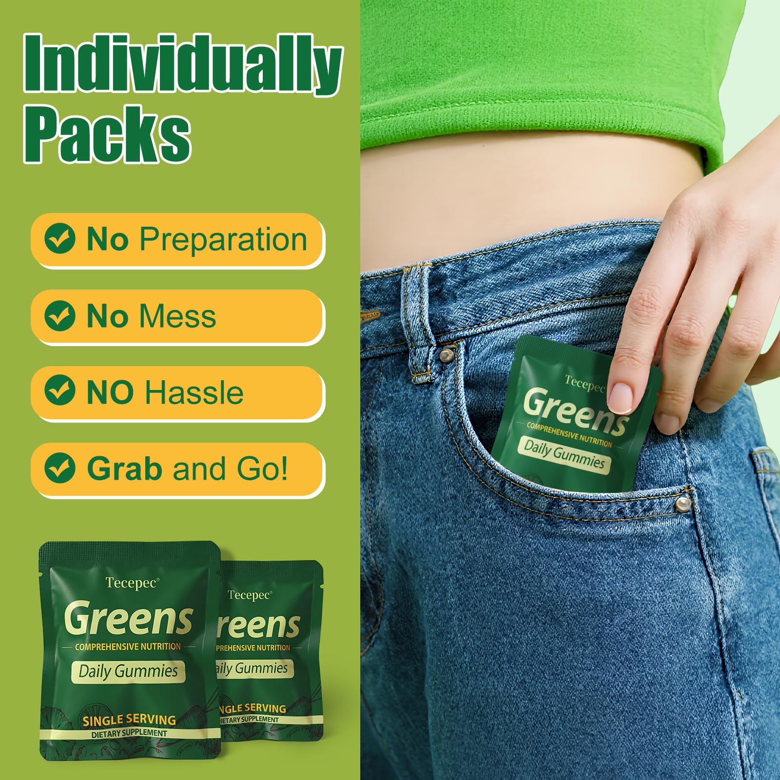 Tecepec Greens Daily Gummies aportan adaptógenos para equilibrio y vitalidad.
