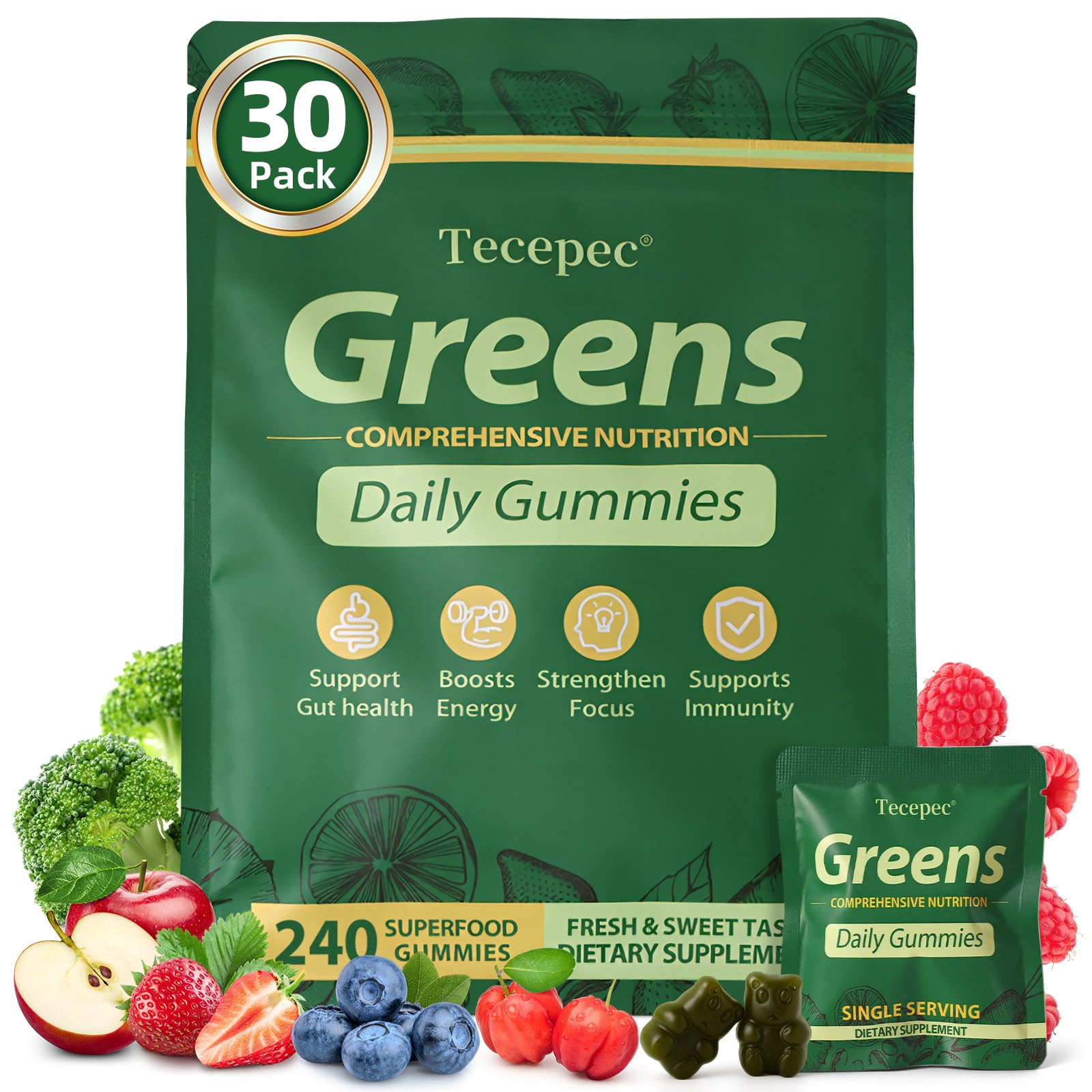 Tecepec Greens Daily Gummies en envase práctico para consumo diario.