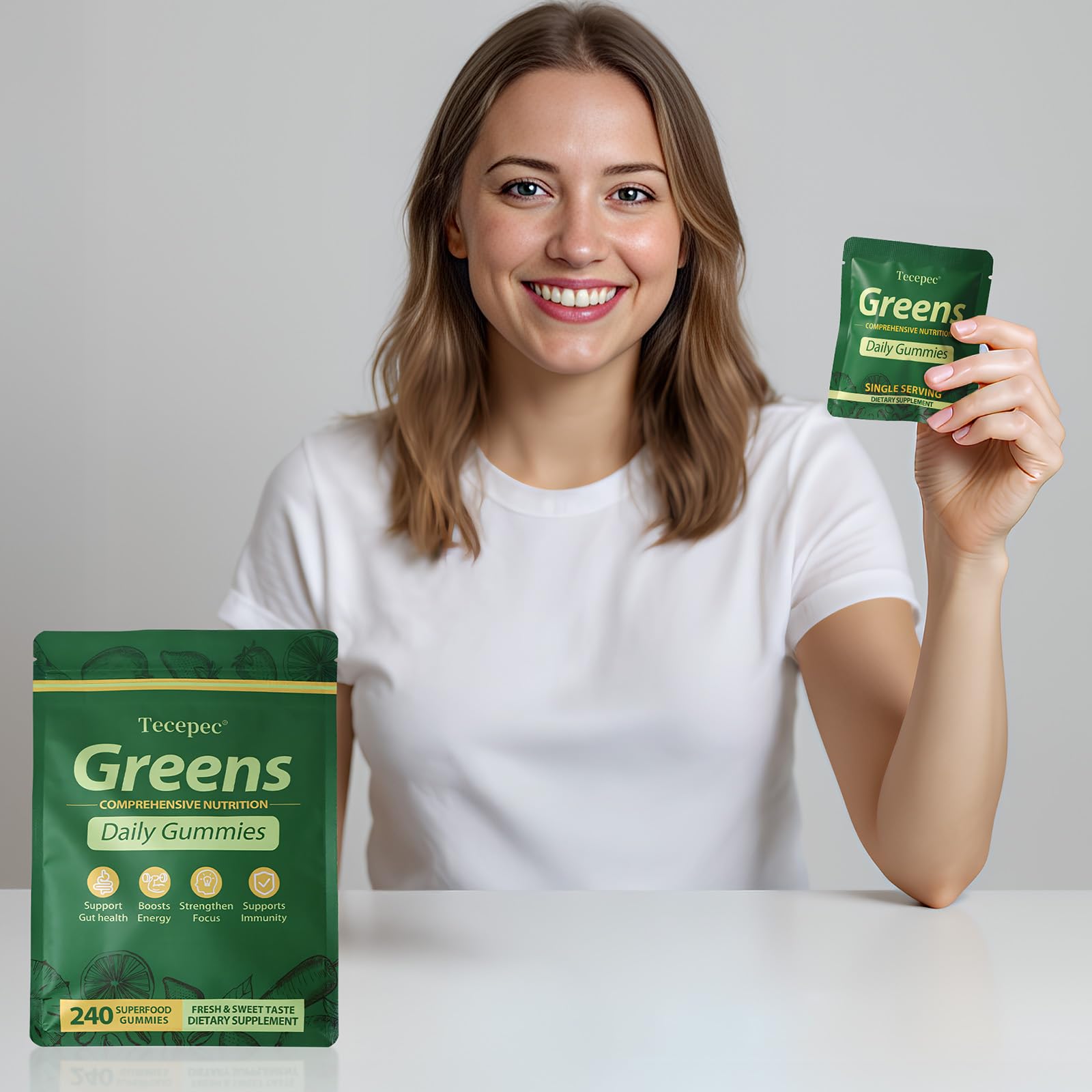 Etiqueta clara de Tecepec Greens Daily Gummies que facilita la elección.