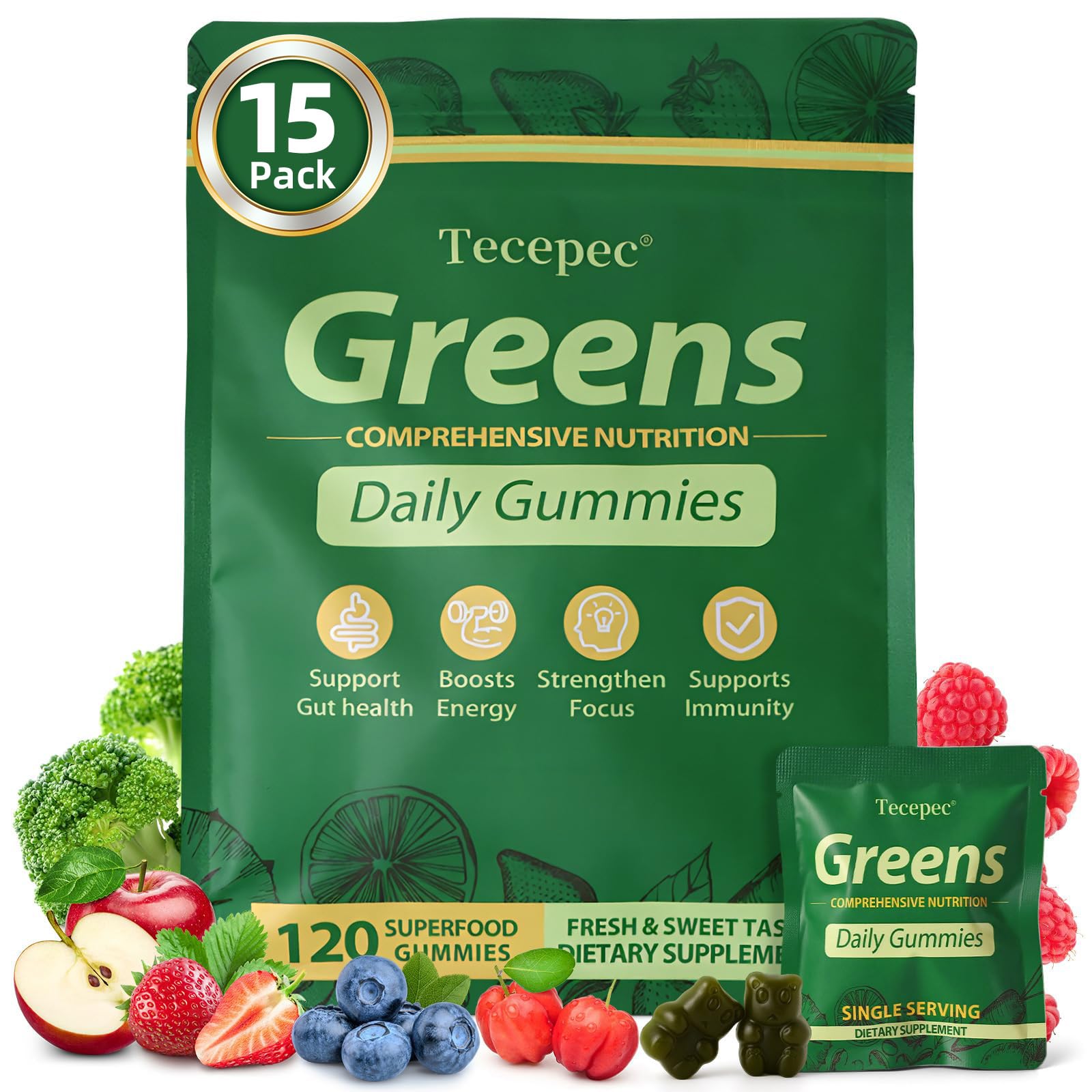 Tecepec Greens Daily Gummies empaquetado listo para llevar, opción conveniente para rutina diaria.