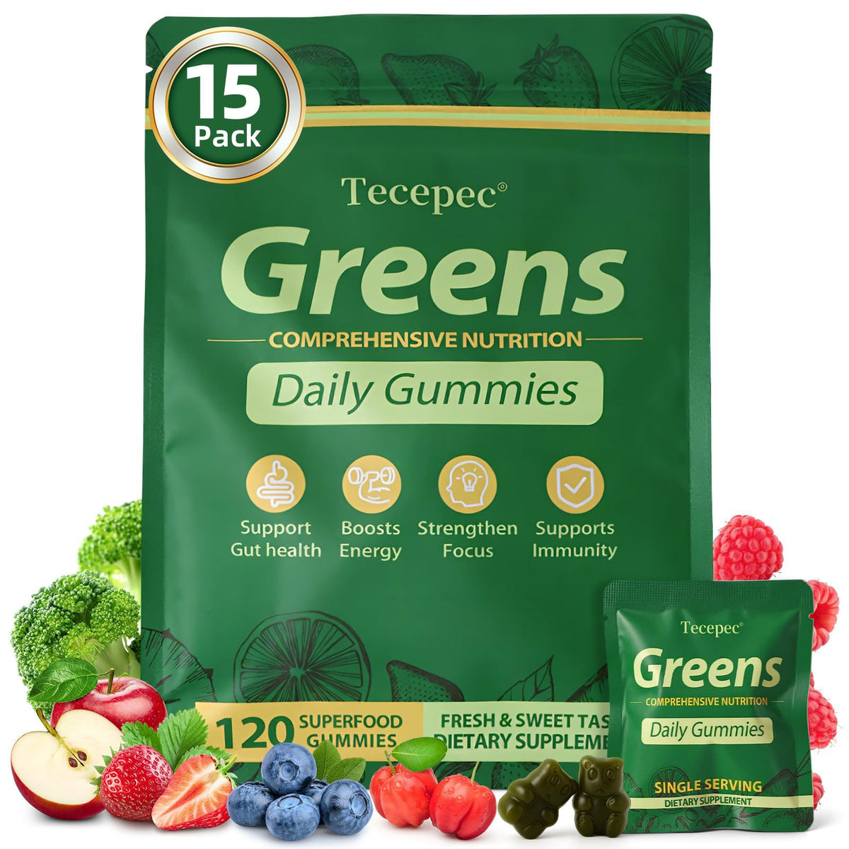 Tecepec Greens Daily Gummies empaquetado listo para llevar, opción conveniente para rutina diaria.