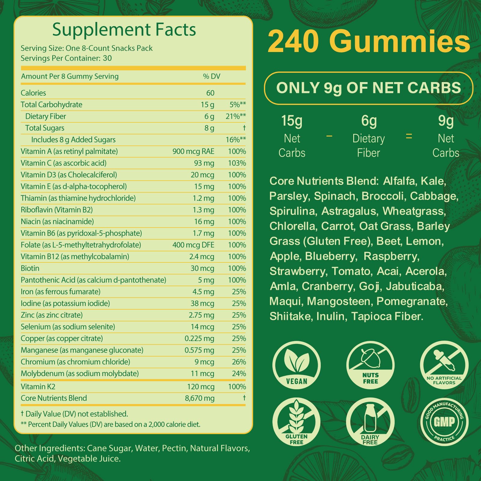 Porción diaria de Tecepec Greens Daily Gummies para una ingesta conveniente.