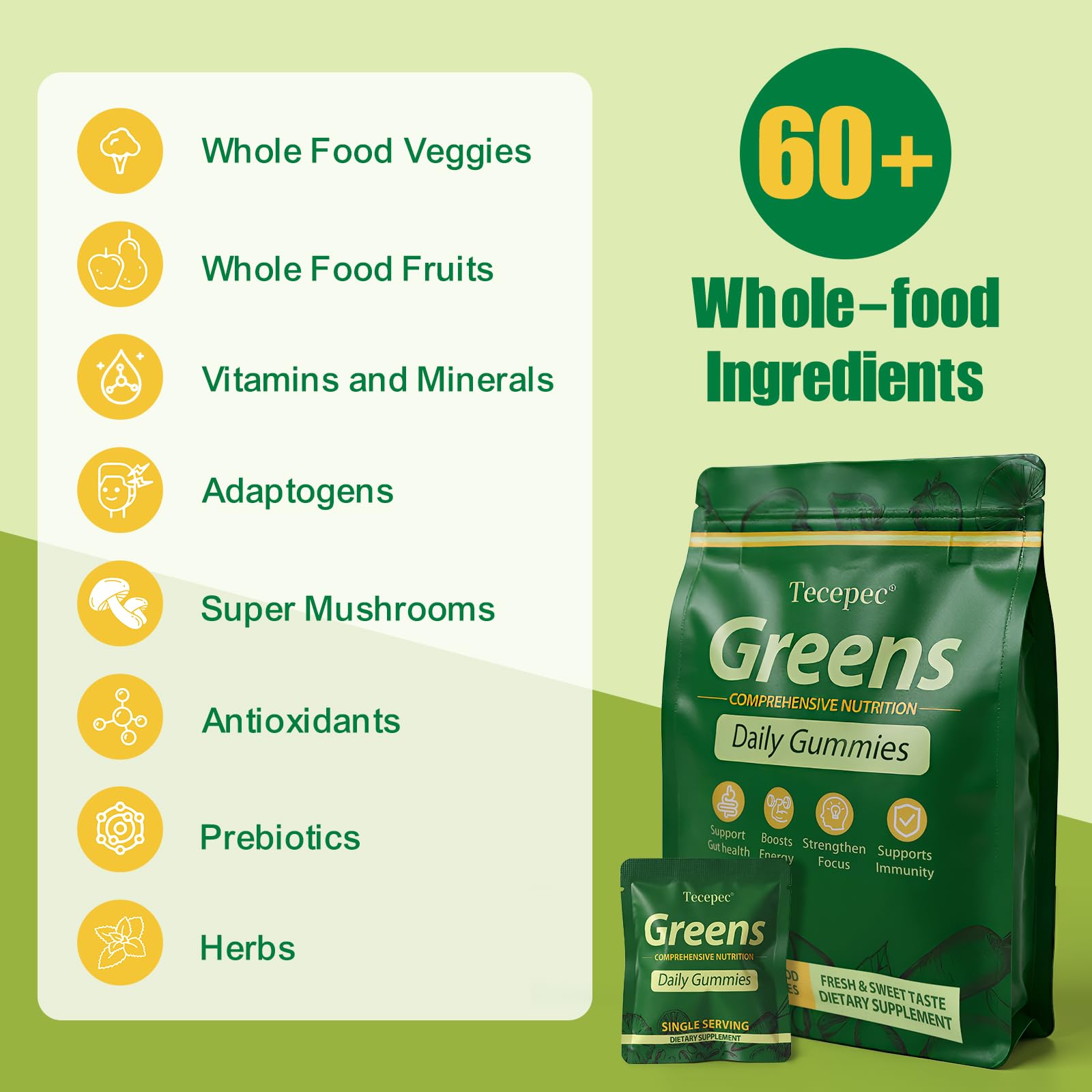 Tecepec Greens Daily Gummies porciones individuales para llevar y consumir sin desorden.