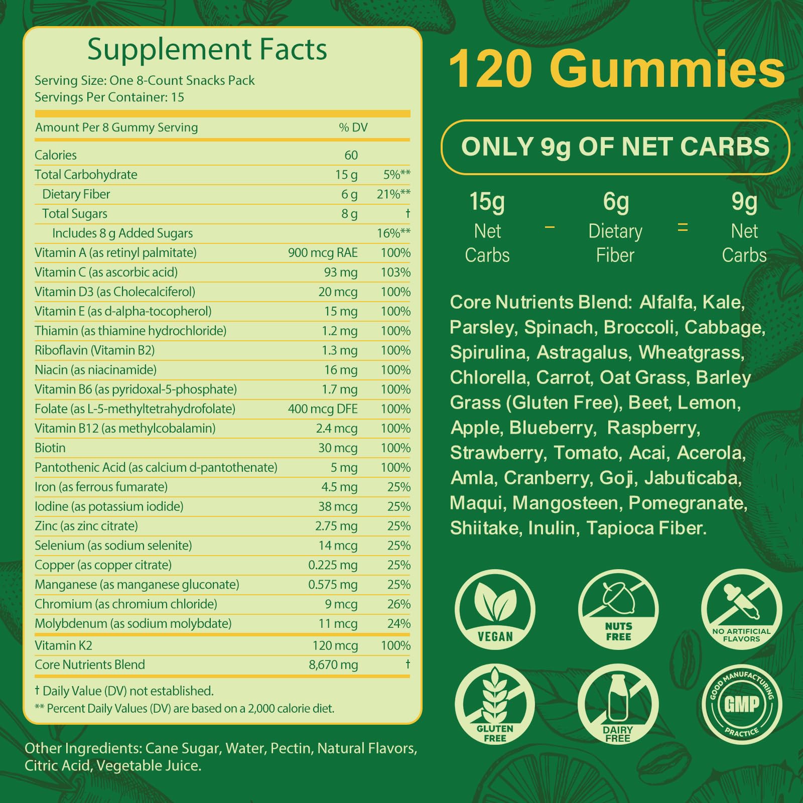 Tecepec Greens Daily Gummies con spirulina y chlorella para una nutrición de base.