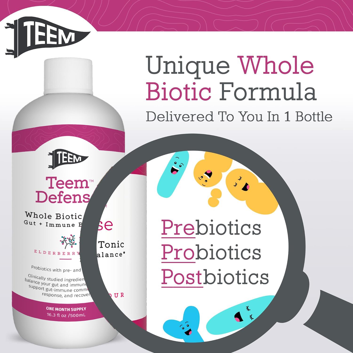 Teem Defense Mezcla Bioactivo Completa: referencia a prebióticos, probióticos y postbióticos.