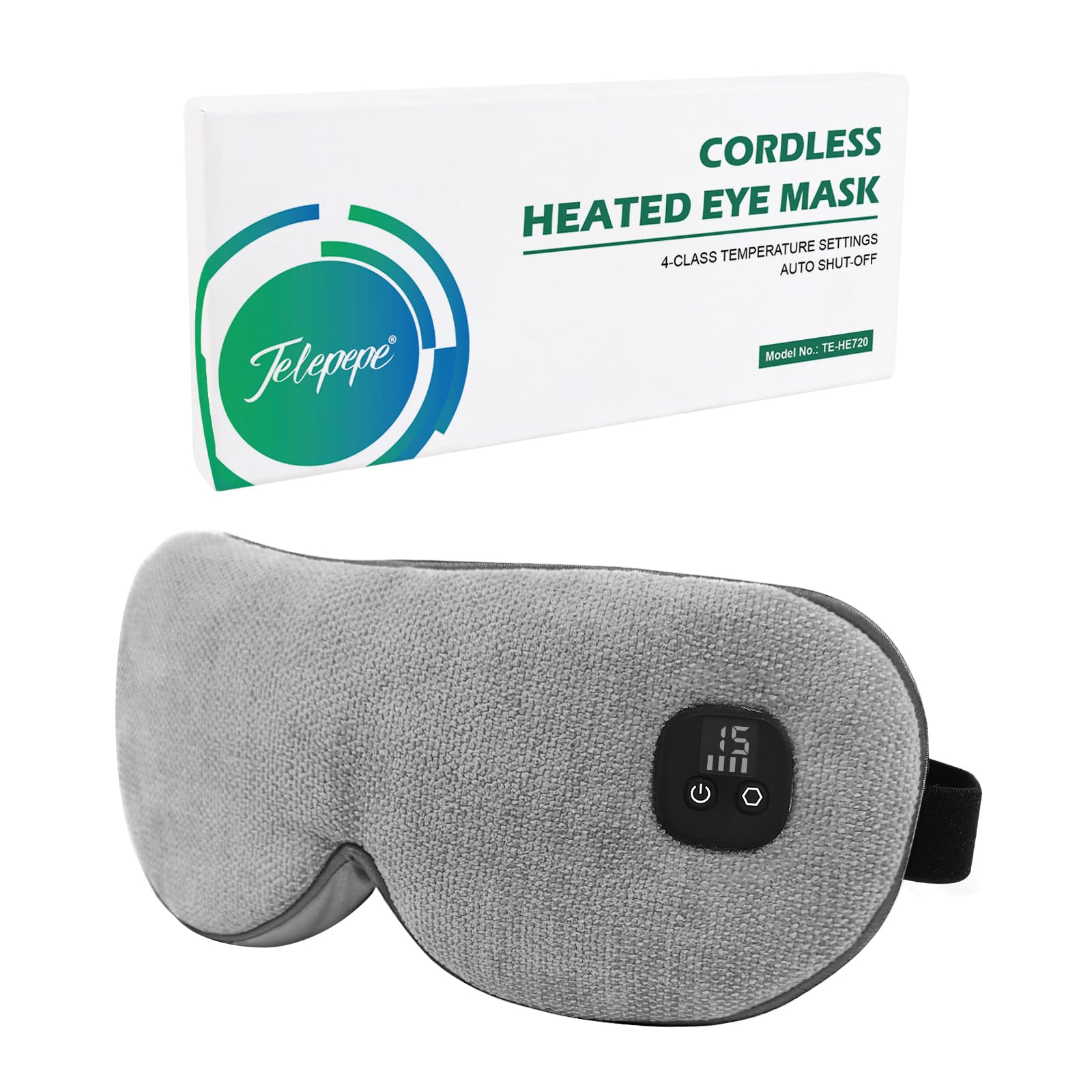 Telepepe mascarilla ocular caliente en uso con batería integrada para uso móvil.