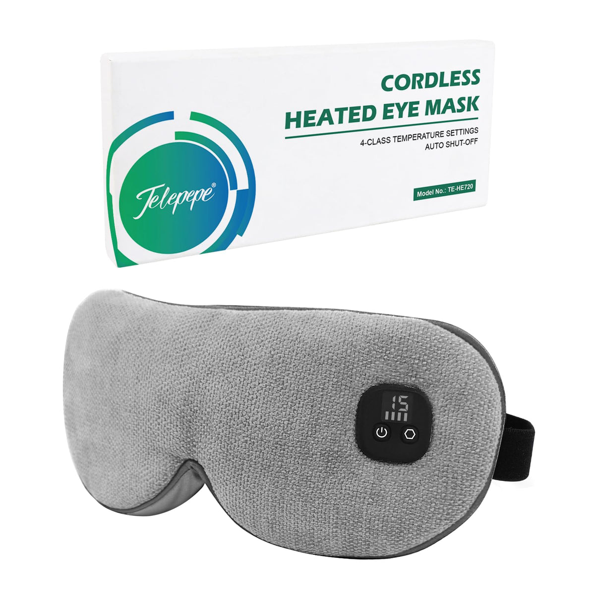 Telepepe mascarilla ocular caliente en uso con batería integrada para uso móvil.