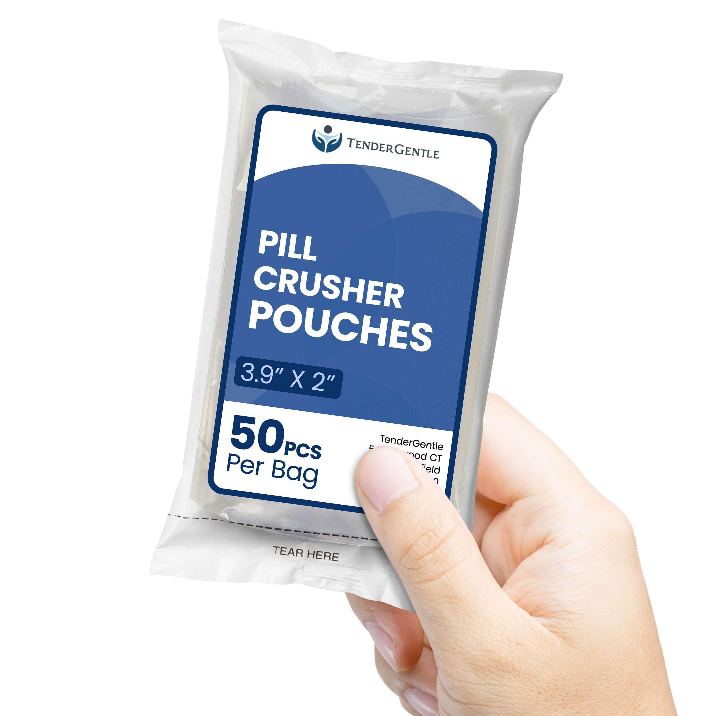 TenderGentle bolsas para triturar pastillas en caja, almacenamiento seguro.