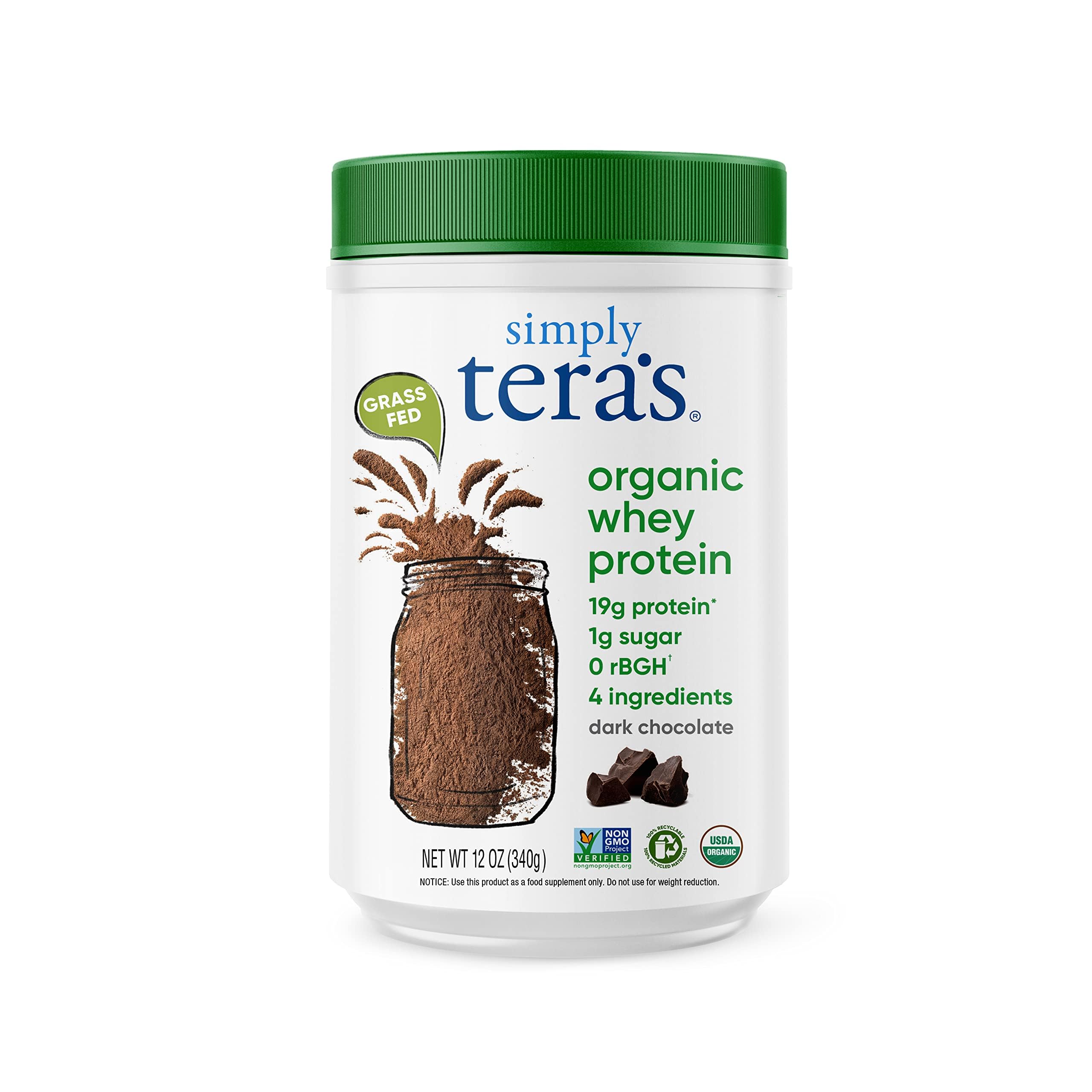Tera's whey protein chocolate oscura en lata, sabor suave para batidos.