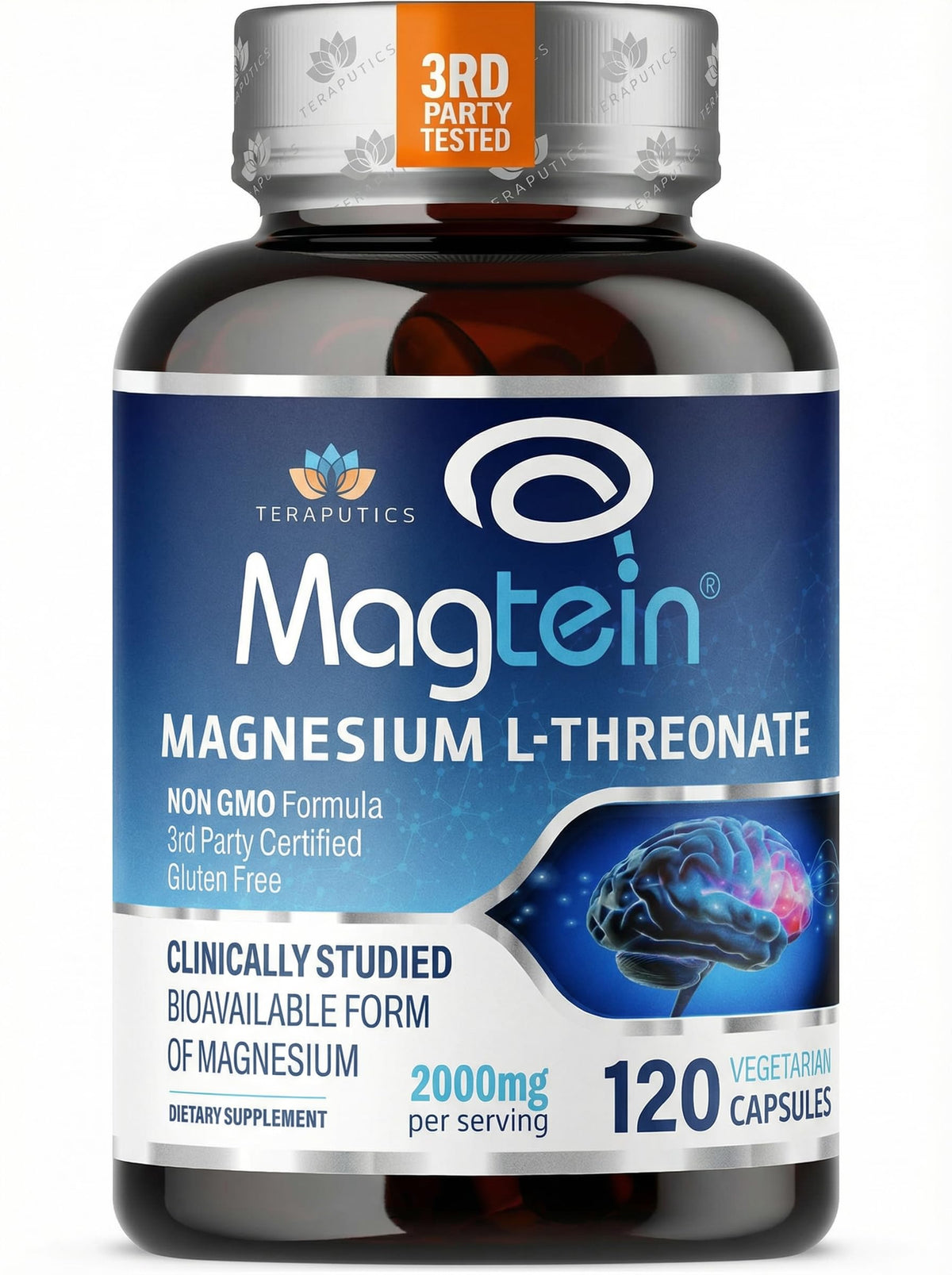 Teraputics Magtein, botella de cápsulas, apoyo a la concentración diaria.