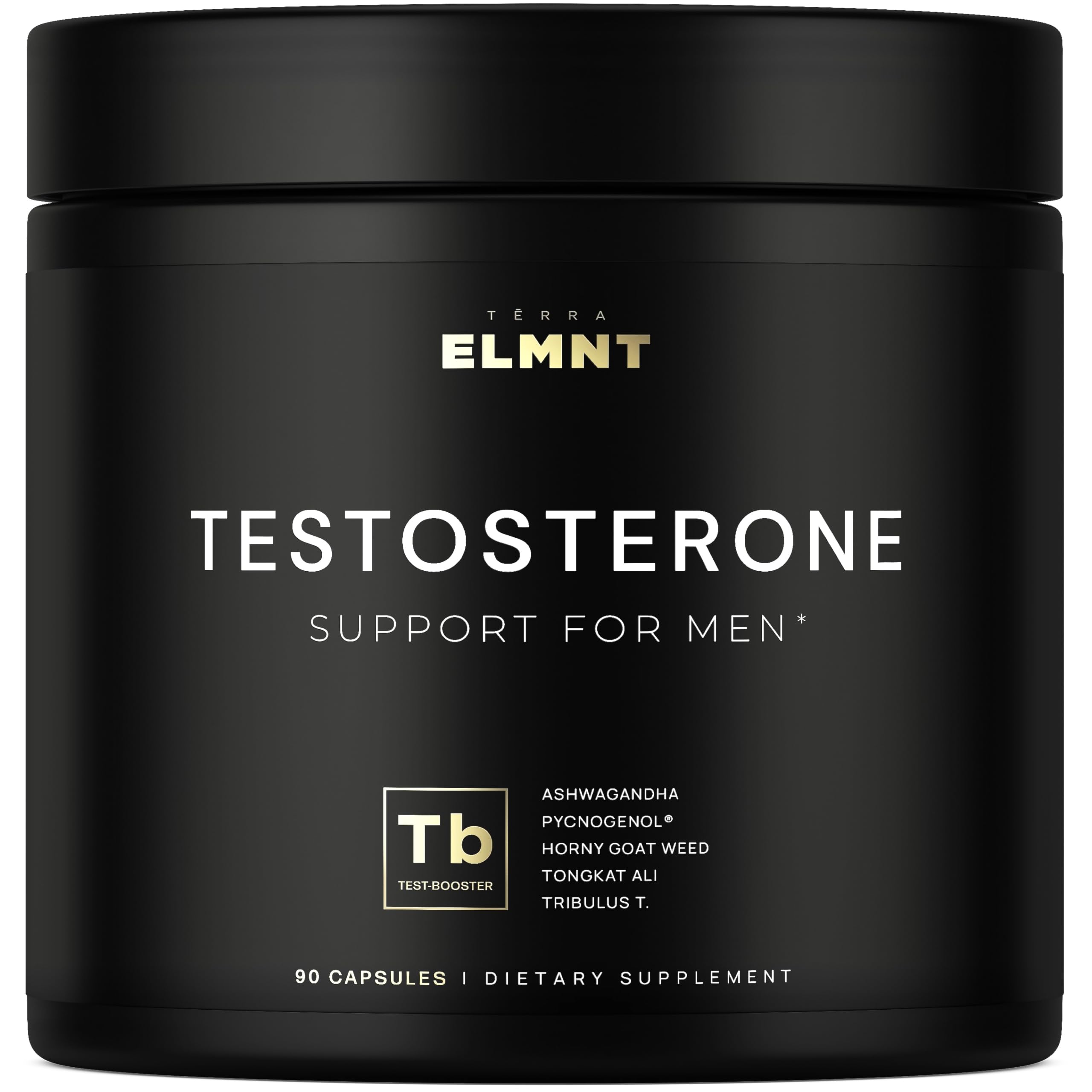 Terra Elmnt botella de suplemento para soporte natural de testosterona y energía diaria.