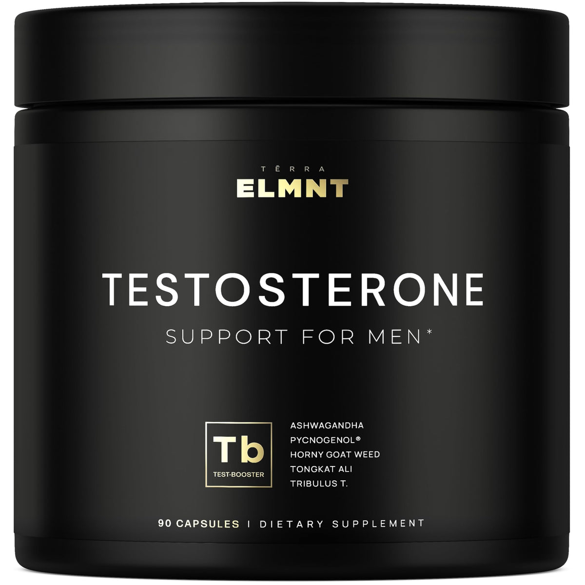 Terra Elmnt botella de suplemento para soporte natural de testosterona y energía diaria.