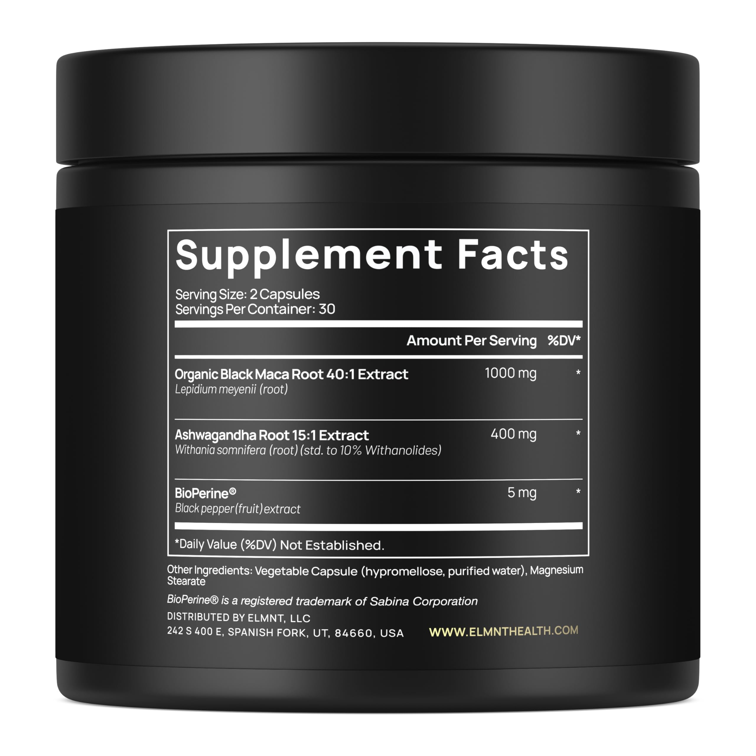 Terra Elmnt Maca Negra cápsulas, formato práctico para consumo diario.