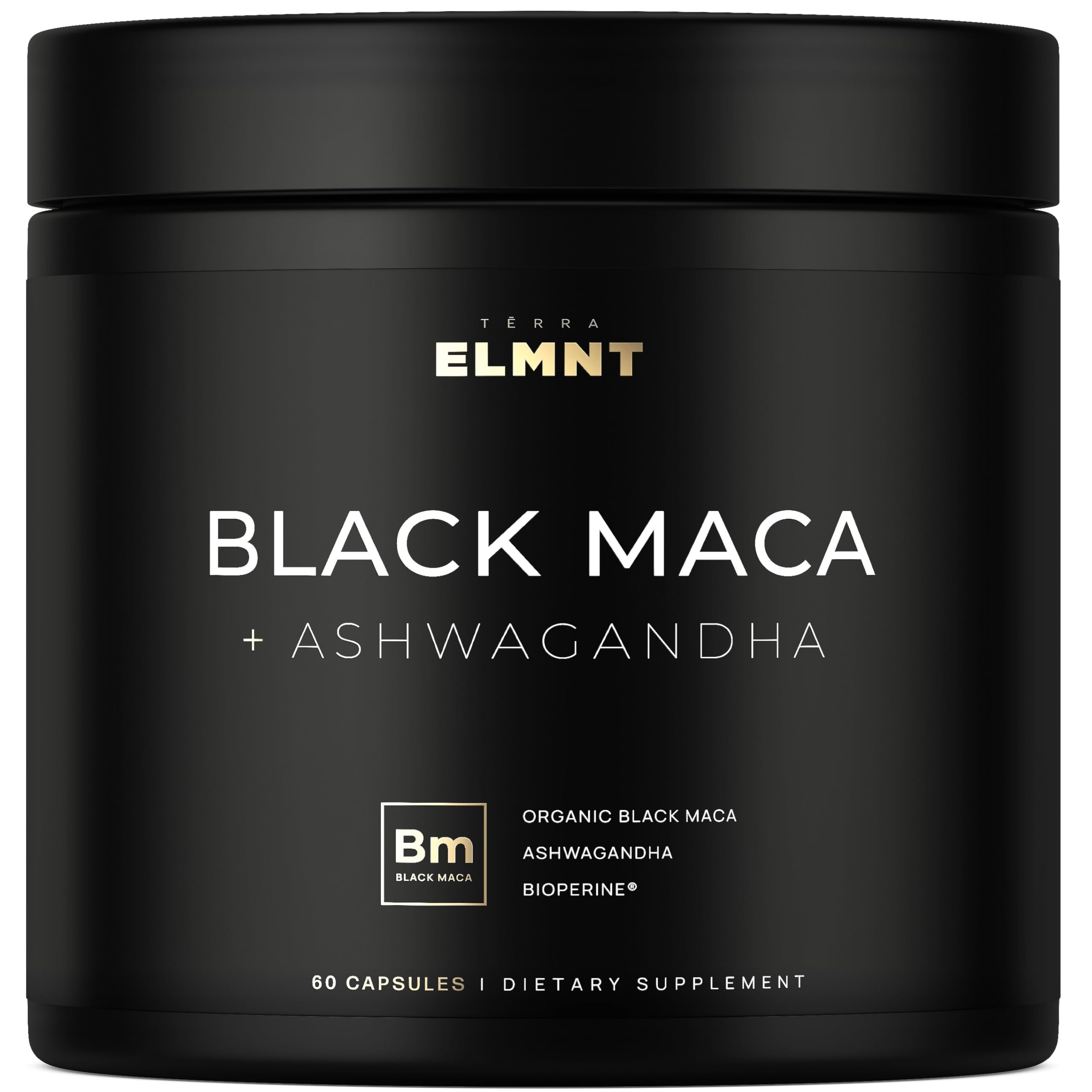 Terra Elmnt Maca Negra frasco, potencia concentrada para vitalidad diaria.