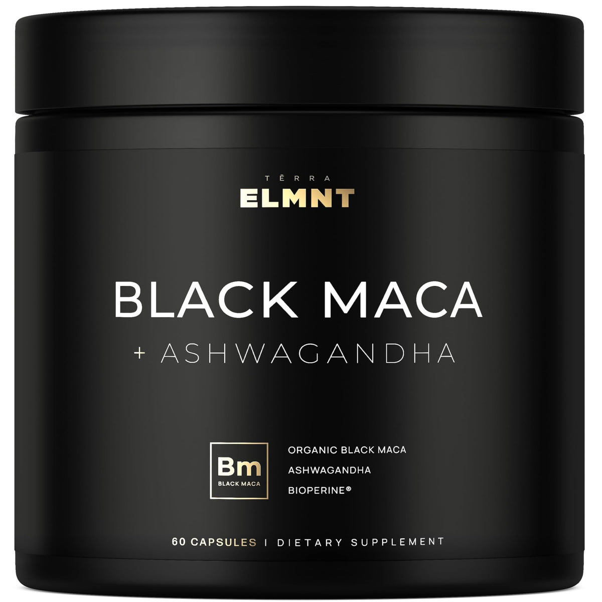 Terra Elmnt Maca Negra frasco, potencia concentrada para vitalidad diaria.