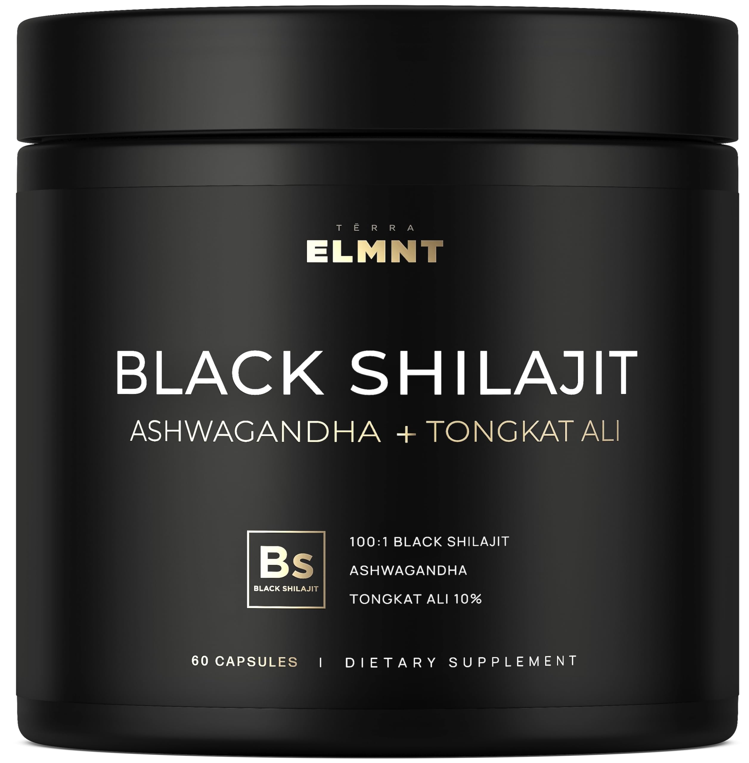 Terra ELMNT Shilajit negro en frasco para energía sostenida.