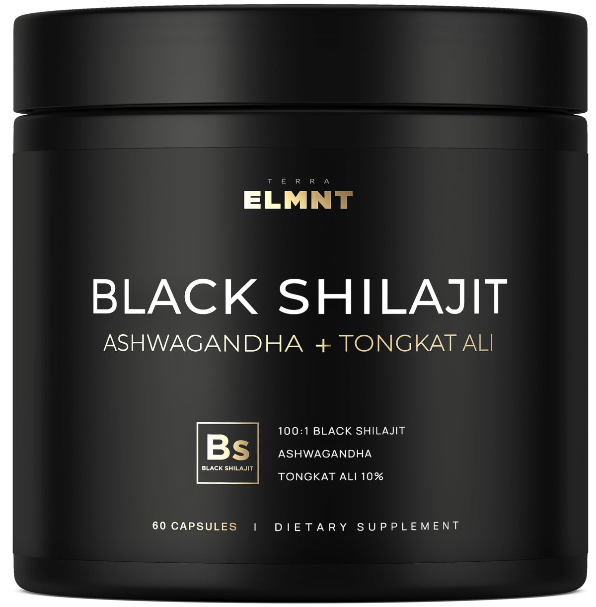 Terra ELMNT Shilajit negro en frasco para energía sostenida.