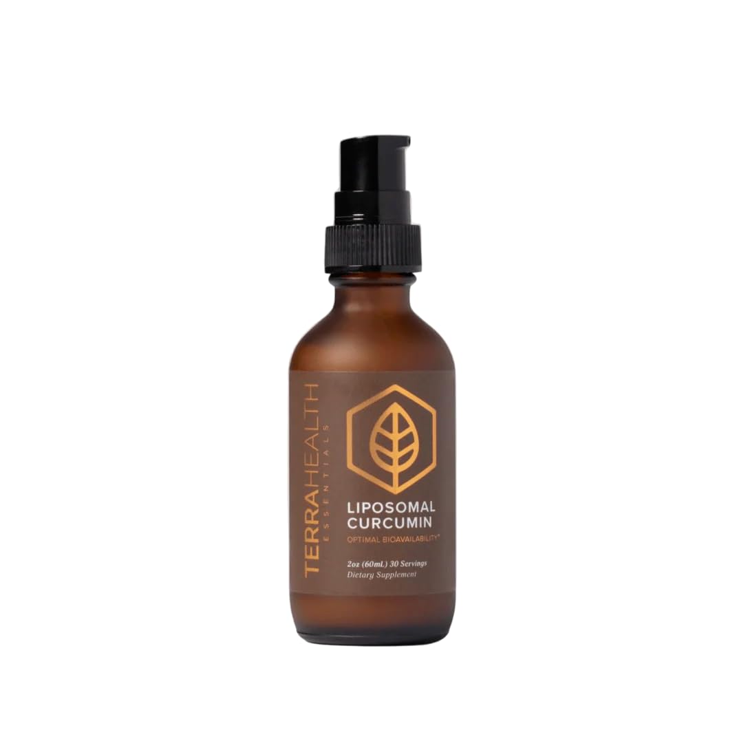 Terra Health Essentials curcumina liposomal gotas en frasco, apoyo a la movilidad diaria.