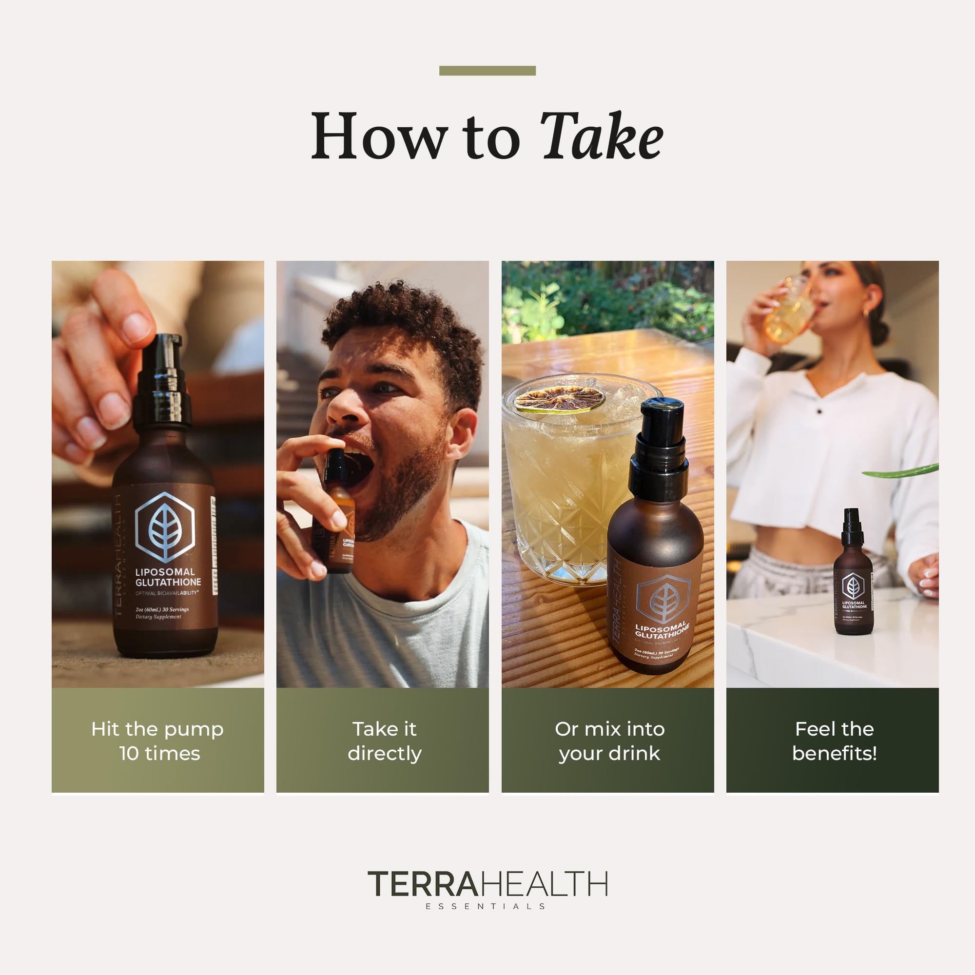 Terra Health Essentials frasco con dispensador para dosis convenientes.