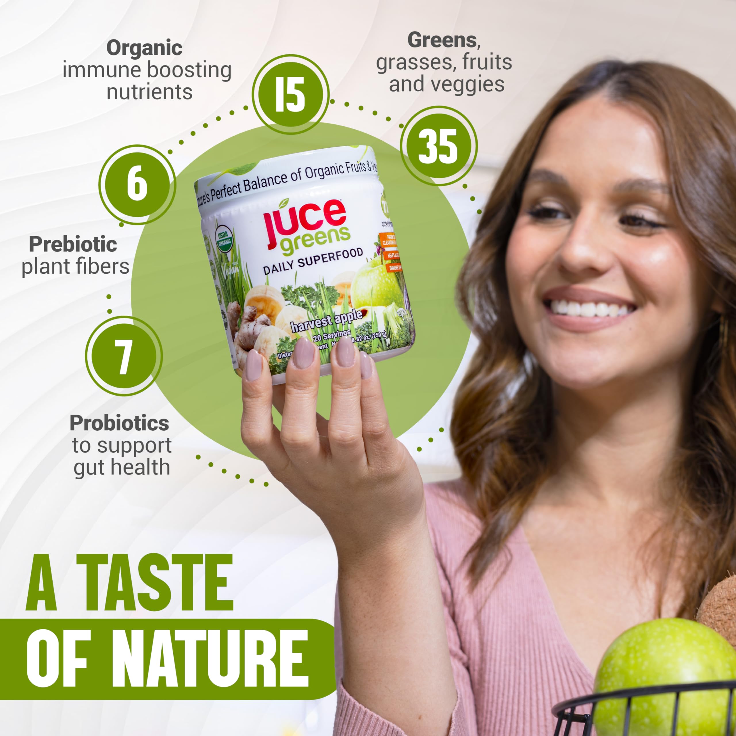 Polvo verde de JUCE Green Superfood, ideal para añadir a zumos