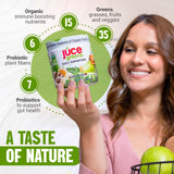 Polvo verde de JUCE Green Superfood, ideal para añadir a zumos
