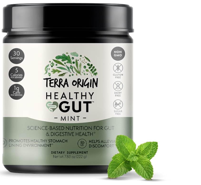Terra Origin Healthy Gut bote en mano, ideal para rutina matutina.