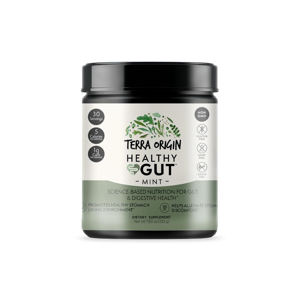 Terra Origin Healthy Gut polvo en envase para apoyo digestivo diario.