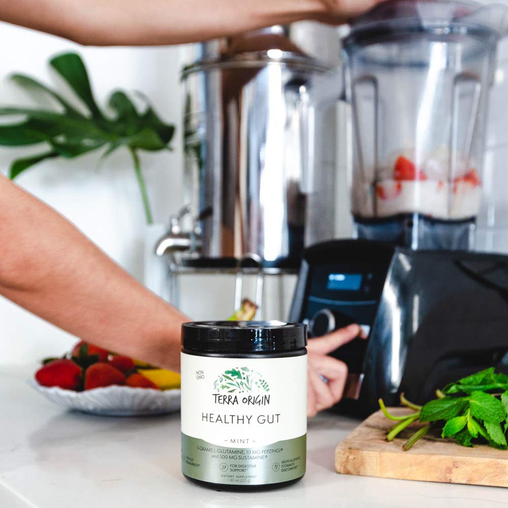 Terra Origin Healthy Gut uso diario con sabor menta para comodidad digestiva.