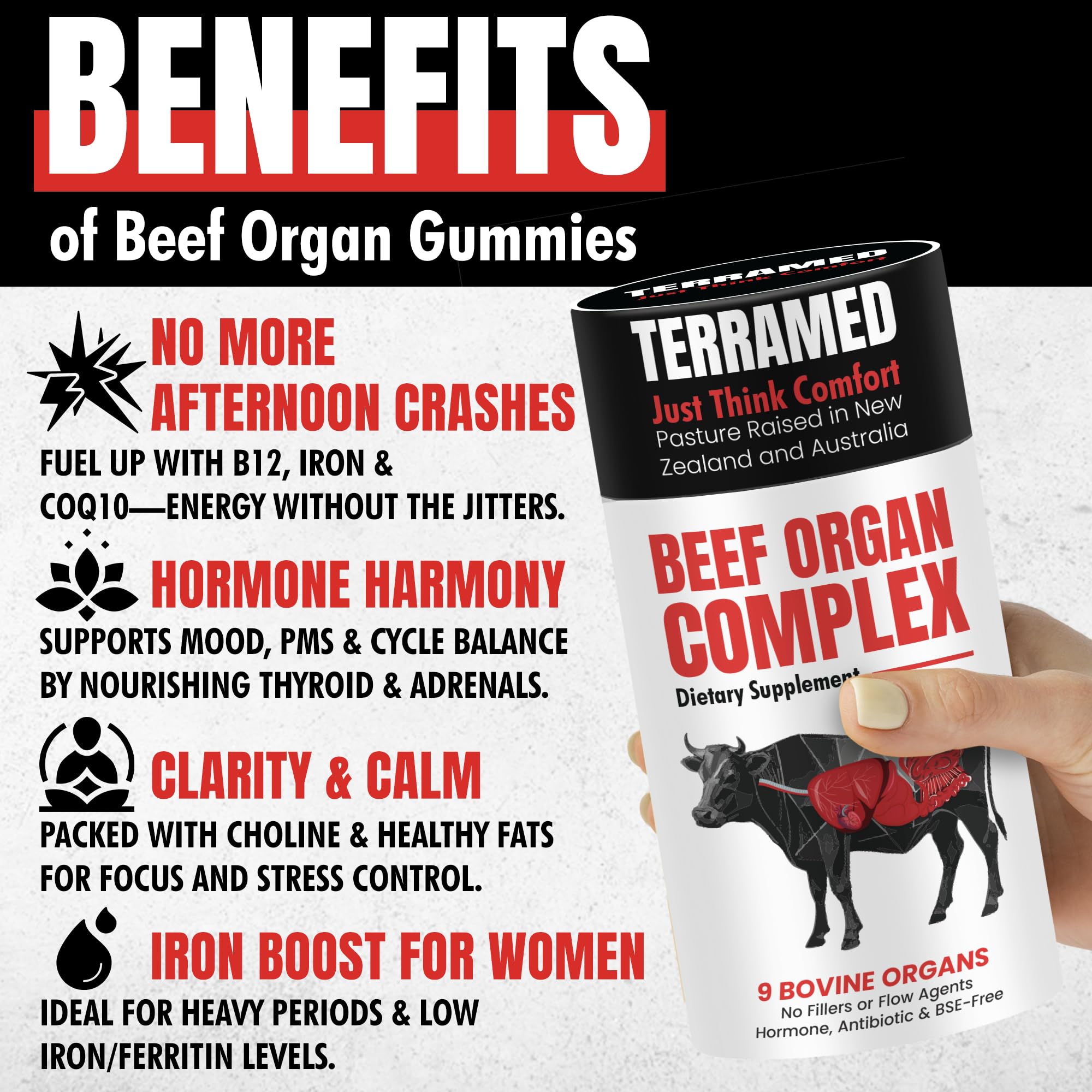 Terramed Just Think Comfort ganado pastoreado en Nueva Zelanda y Australia, nutrientes naturales.