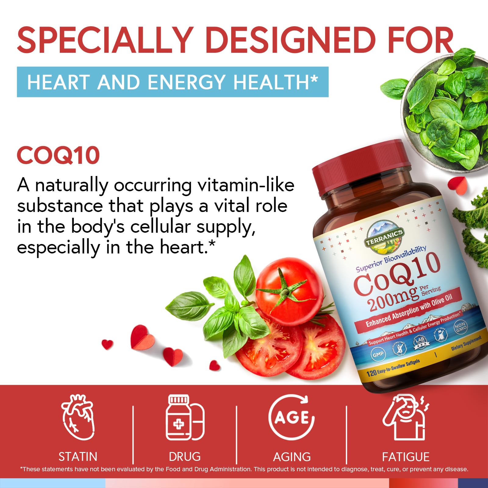 Terranics CoQ10 apoya la salud cardíaca y la energía.