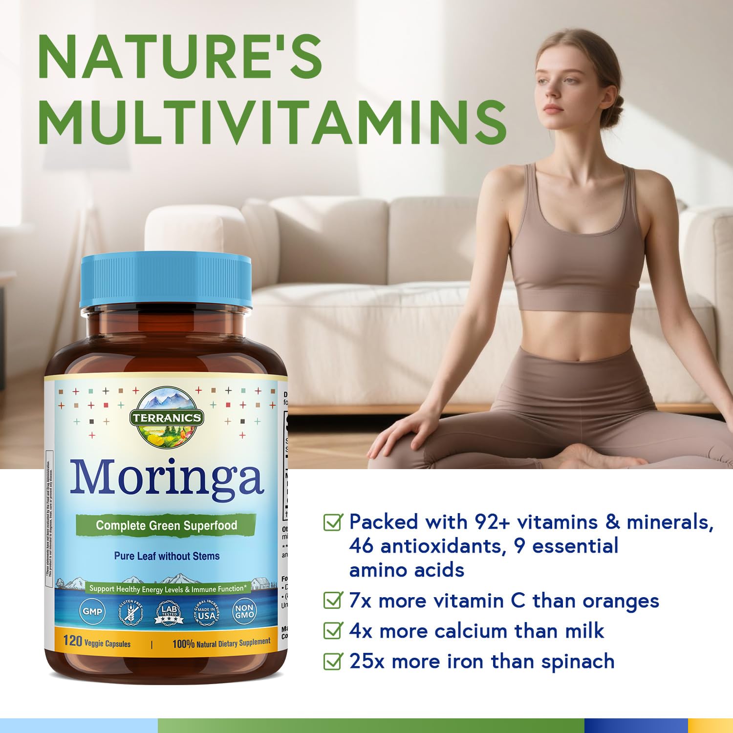Terranics hojas moringa puras, apoyo nutritivo natural para hábitos saludables.