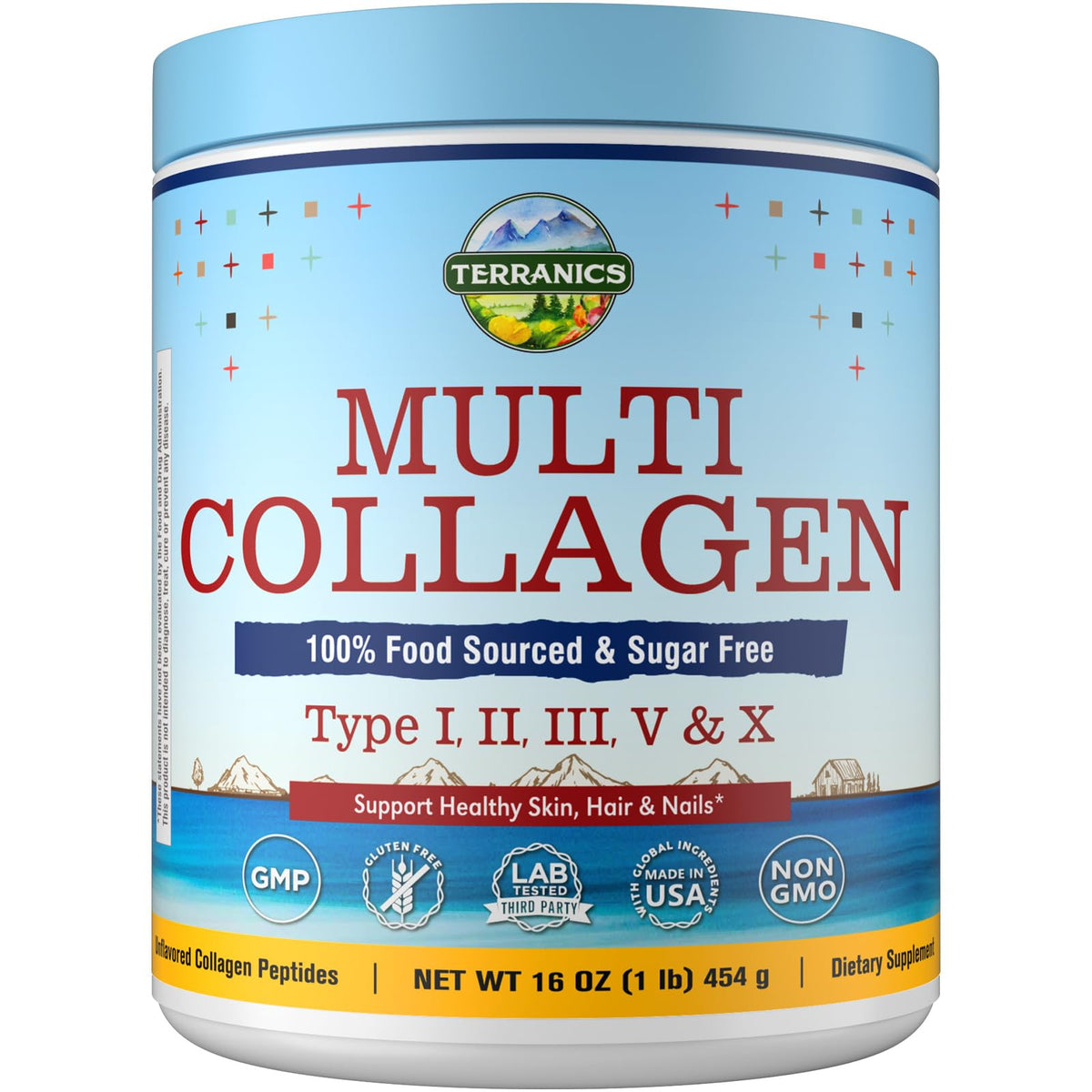 Terranics Multi Colágenos en polvo, dosificador, ideal para mezclar en bebidas.