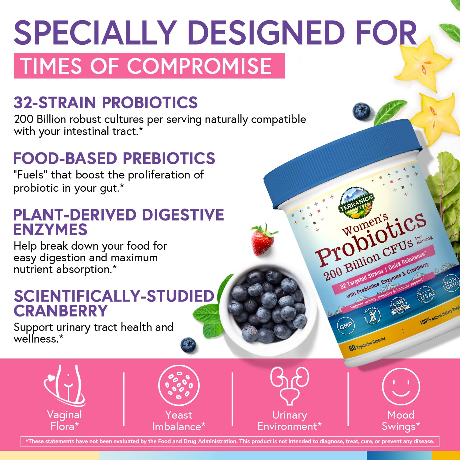 Terranics Daily Probiotics para Mujeres: etiqueta informativa sobre cepas y beneficios.