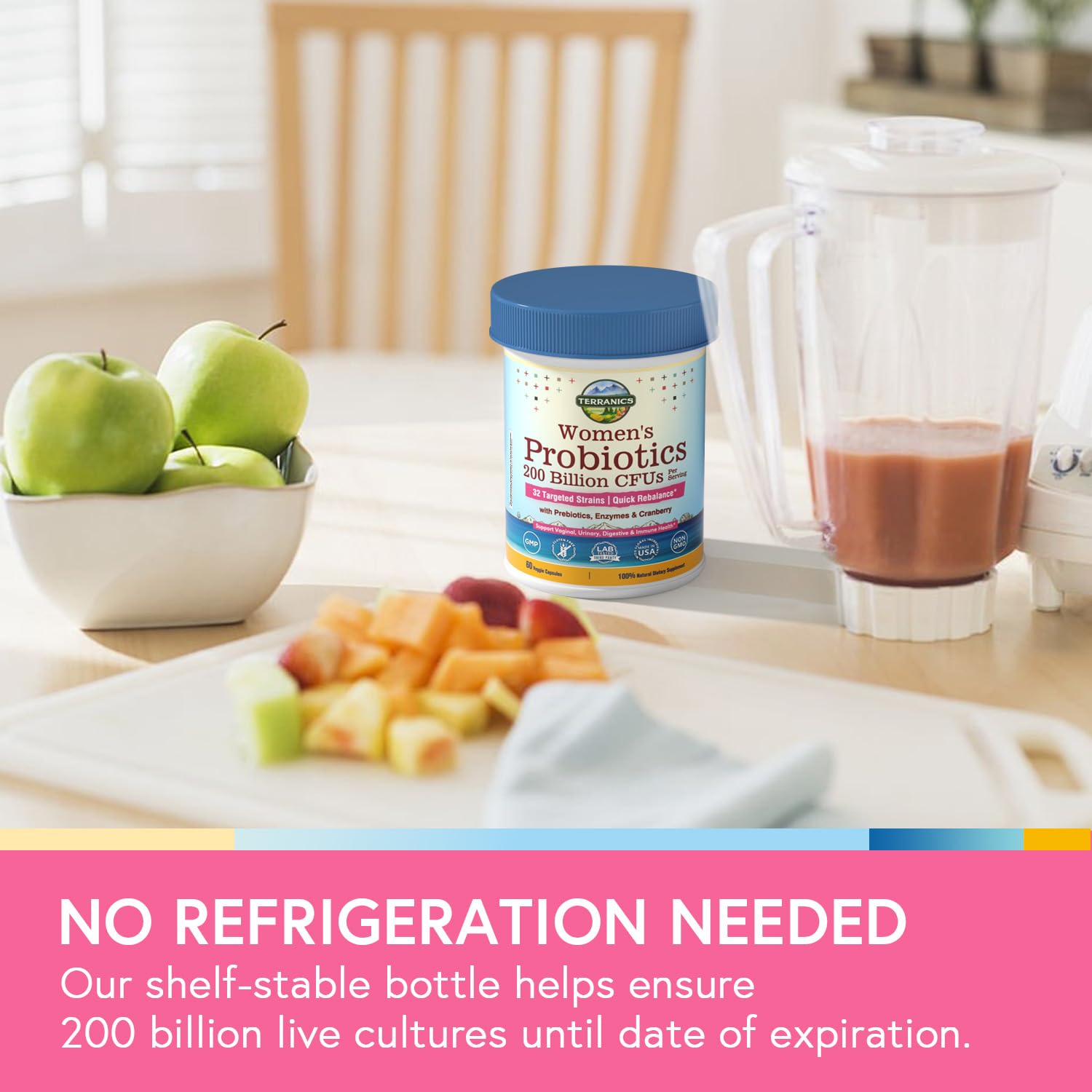 Terranics Daily Probiotics para Mujeres: envase estable sin necesidad de refrigeración.