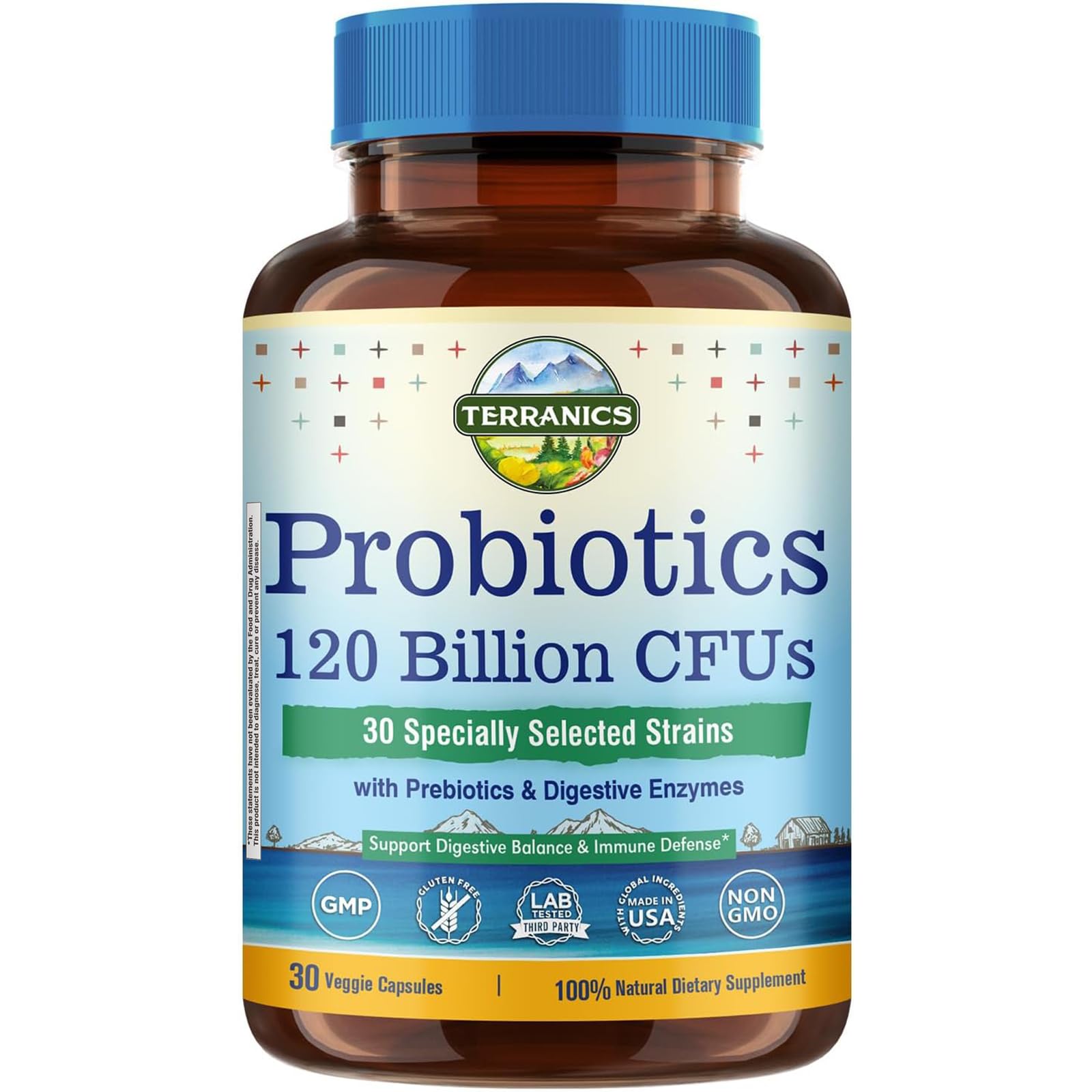 Terranics Probiotics: bote de 120 mil millones para apoyo digestivo diario.