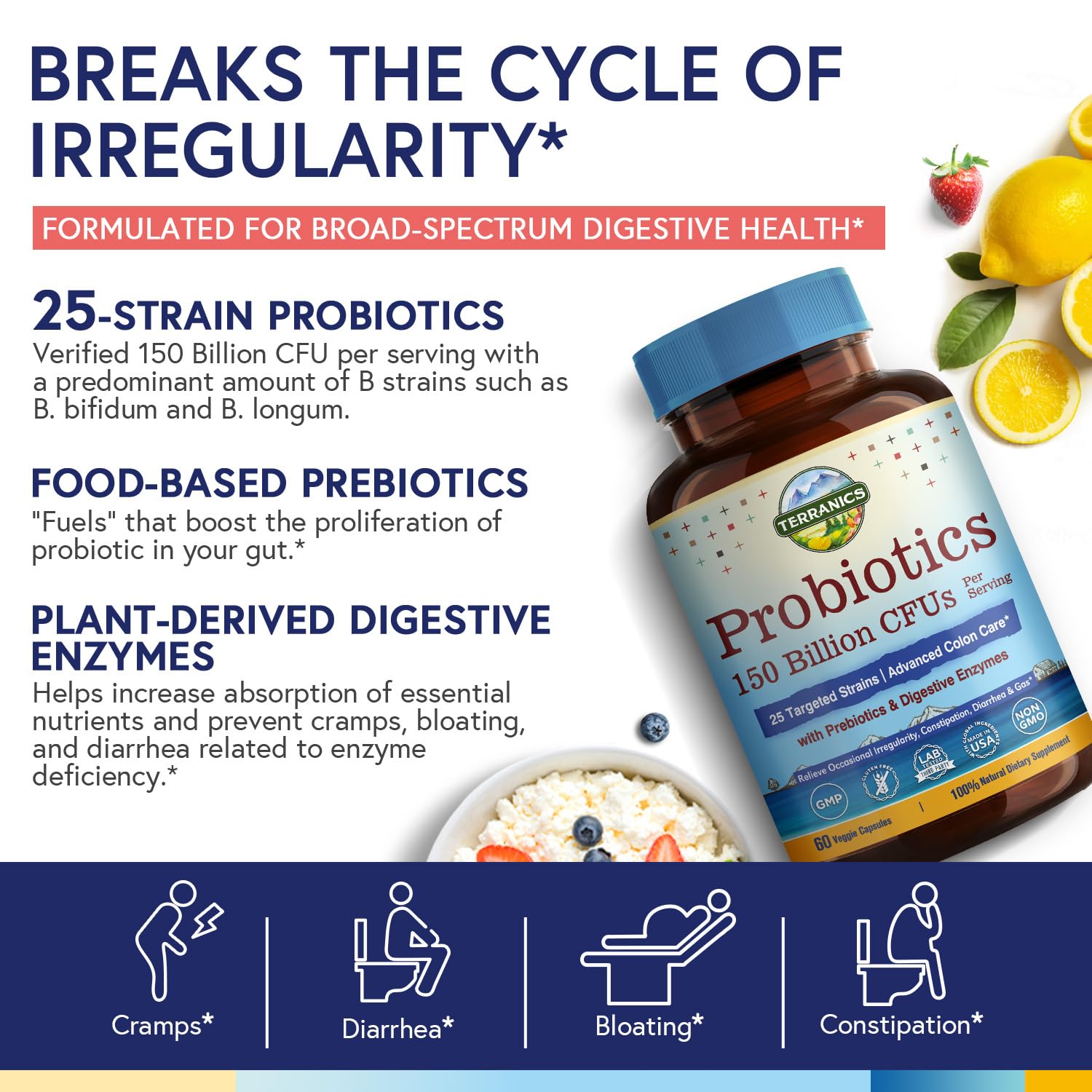 Terranics Probiotics cápsulas vegetales listas para ingesta diaria.