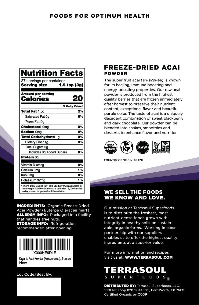 Terrasoul Acai Polvo para smoothie en tazón, color y textura intensos