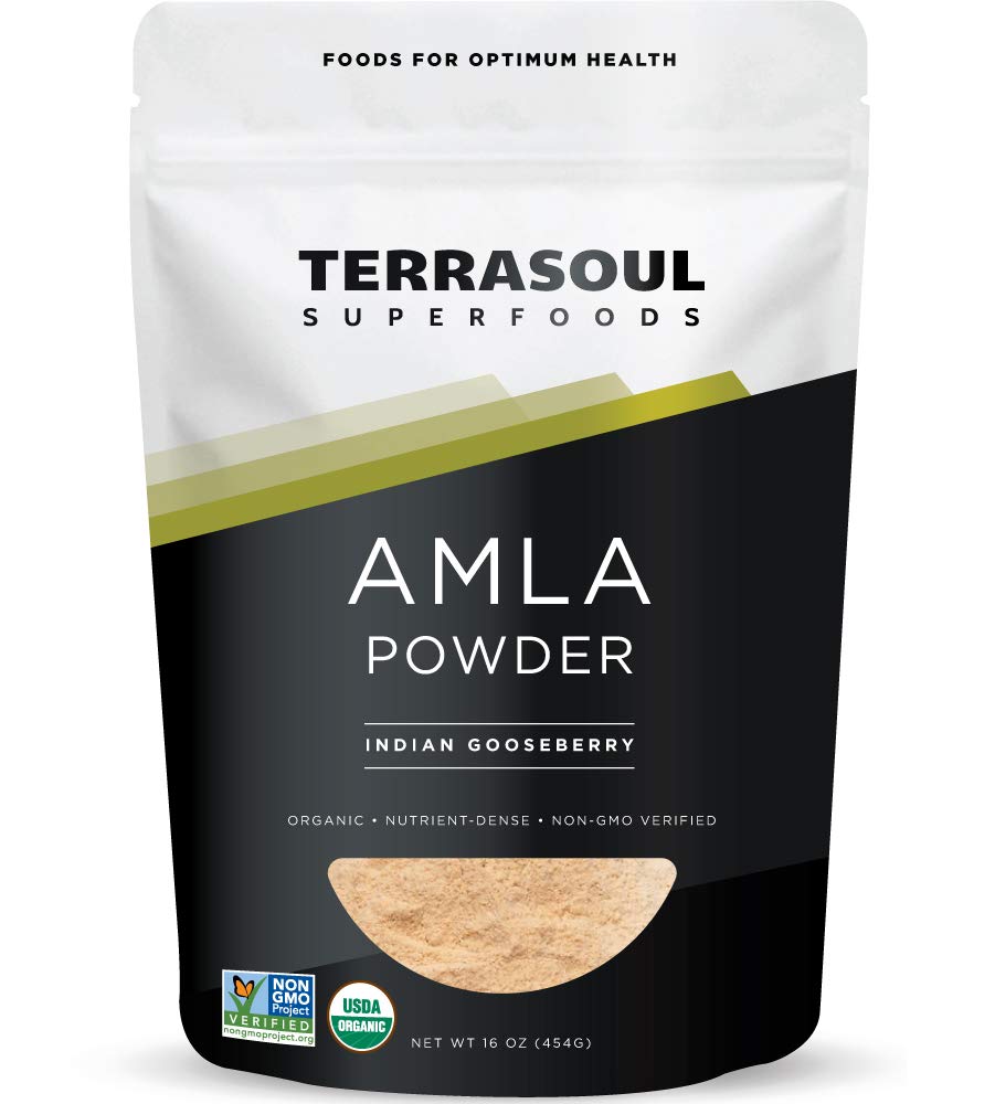 Terrasoul Amla polvo orgánico en envase de vidrio, rico en vitamina C.