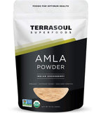Terrasoul Amla polvo orgánico en envase de vidrio, rico en vitamina C.