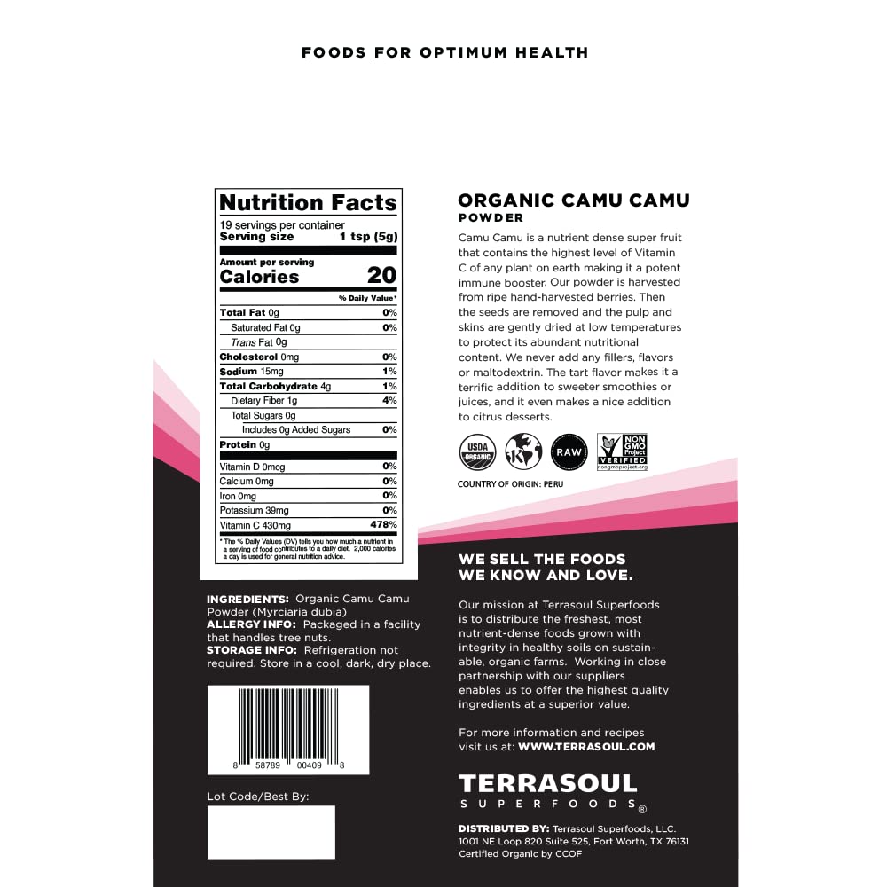 Envase de Camu Camu orgánico de Terrasoul, fácil de verter en recetas