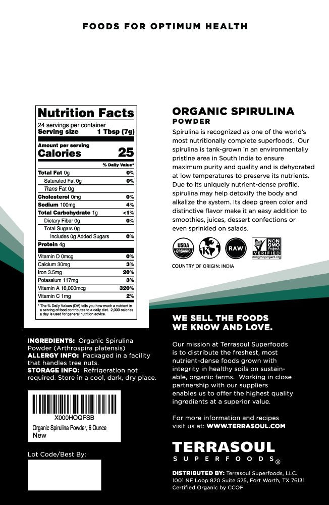 Terrasoul Spirulina en polvo, cuchara medidora incluida para dosis precisas.