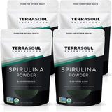 Terrasoul Superfoods Spirulina en polvo, empaque práctico con cuatro frascos para uso diario.