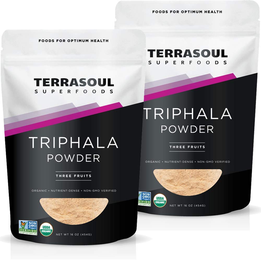 Terrasoul Triphala polvo orgánico en empaque de dos libras para uso diario.