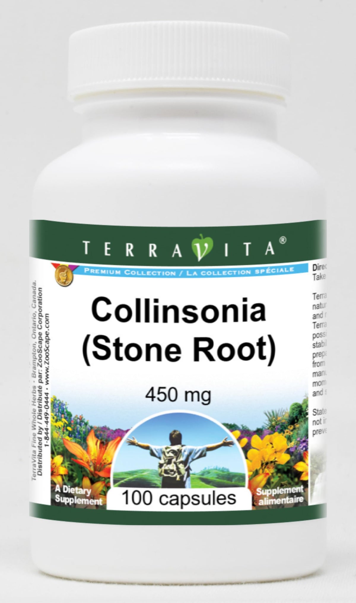 Terravita Collinsonia 450 mg cápsulas, formato fácil de tragar para uso diario.
