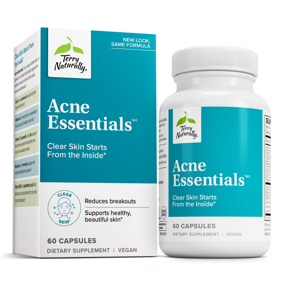 Terry Naturally Acne Essentials envase frontal, diseño claro para piel saludable